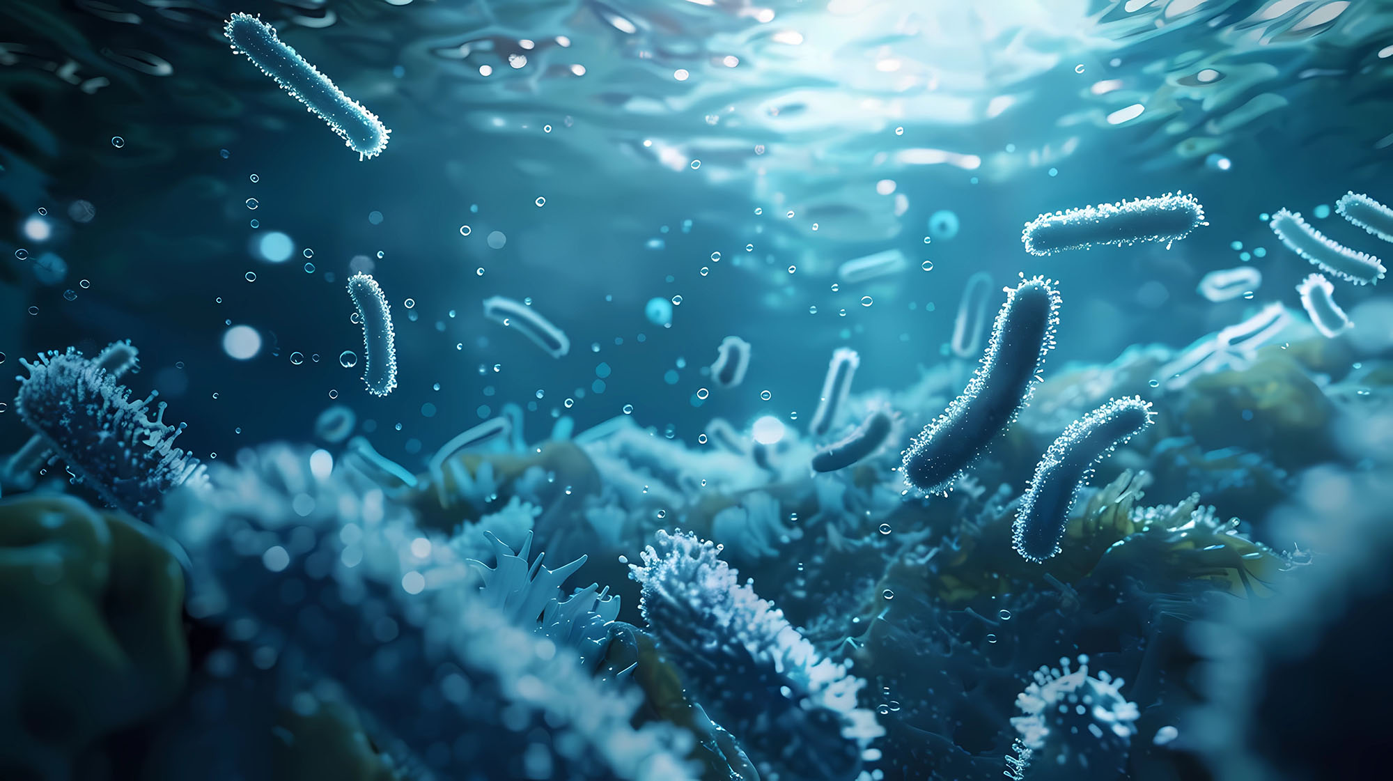 Pile of legionella bacteria with flagella, biofilm, sideview, ba